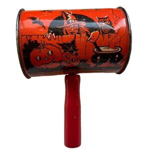 Vintage U.S. Metal Toy Halloween Tin Can Rattle Noisemaker Witch Pumpkin Spooky